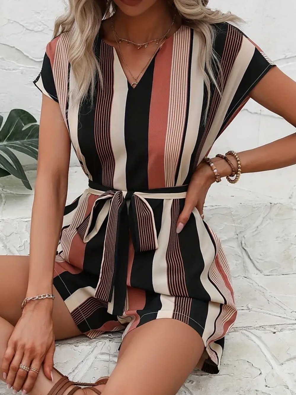 Striped VNeck Belted Romper EUC
